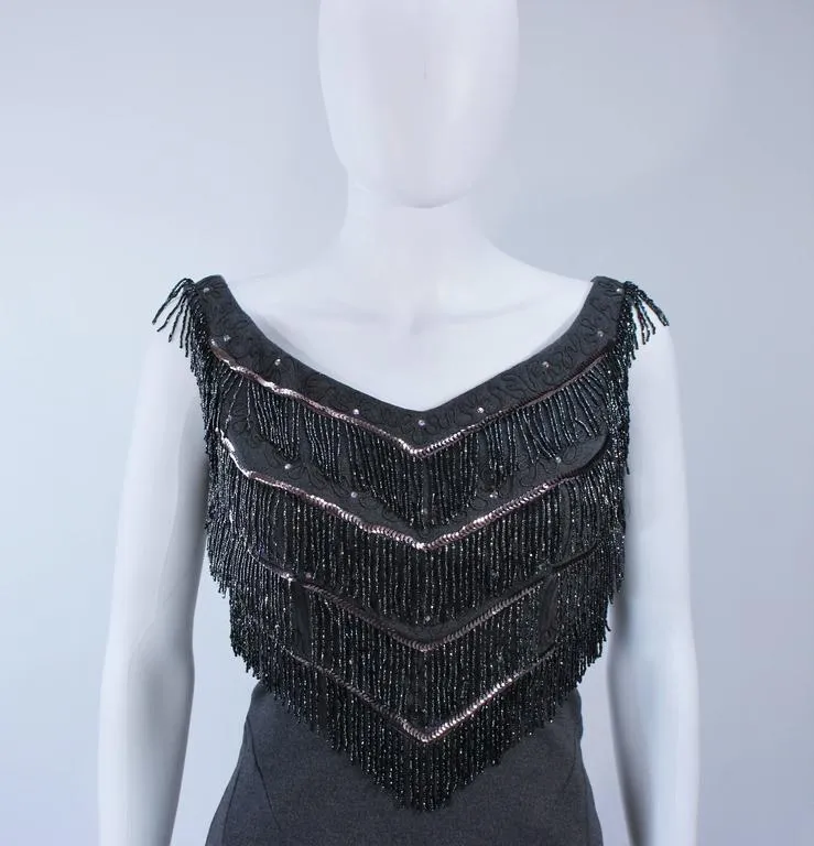 SYDNEY NORTH 1970s Grey Stretch Knit Cocktail Dress w/ Fringe Size 8