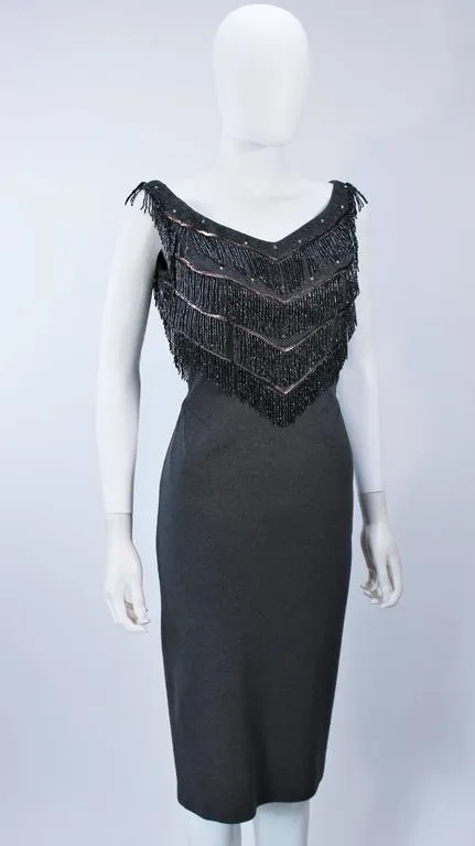 SYDNEY NORTH 1970s Grey Stretch Knit Cocktail Dress w/ Fringe Size 8