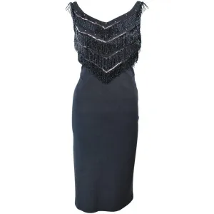 SYDNEY NORTH 1970s Grey Stretch Knit Cocktail Dress w/ Fringe Size 8