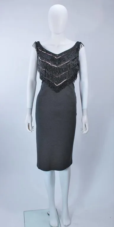 SYDNEY NORTH 1970s Grey Stretch Knit Cocktail Dress w/ Fringe Size 8