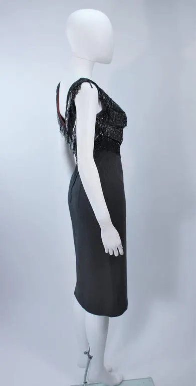 SYDNEY NORTH 1970s Grey Stretch Knit Cocktail Dress w/ Fringe Size 8