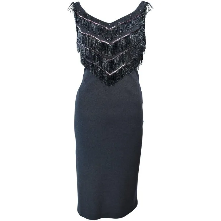 SYDNEY NORTH 1970s Grey Stretch Knit Cocktail Dress w/ Fringe Size 8