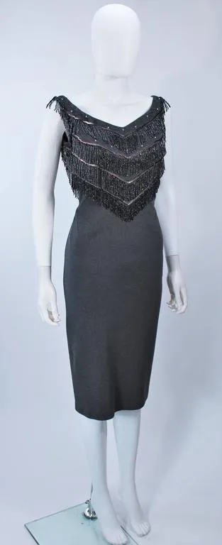 SYDNEY NORTH 1970s Grey Stretch Knit Cocktail Dress w/ Fringe Size 8