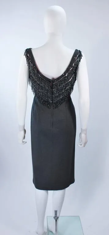 SYDNEY NORTH 1970s Grey Stretch Knit Cocktail Dress w/ Fringe Size 8