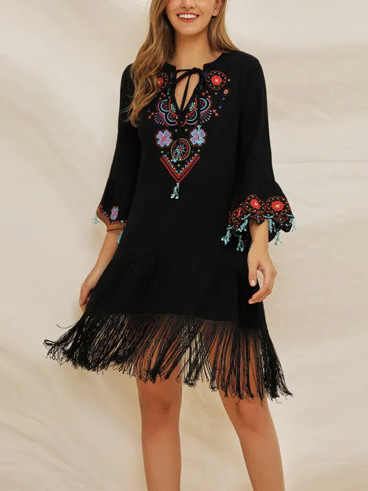 Tassel Stitching V-neck Flared Embroidered Bohemian Dress