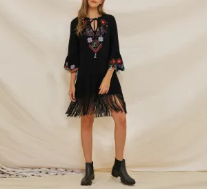 Tassel Stitching V-neck Flared Embroidered Bohemian Dress