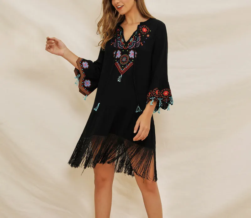 Tassel Stitching V-neck Flared Embroidered Bohemian Dress