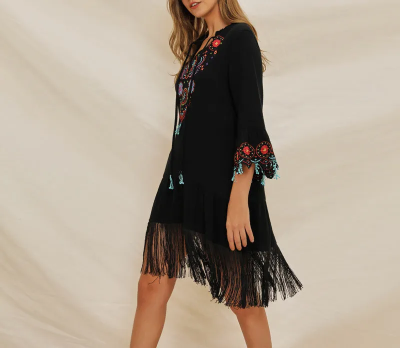 Tassel Stitching V-neck Flared Embroidered Bohemian Dress