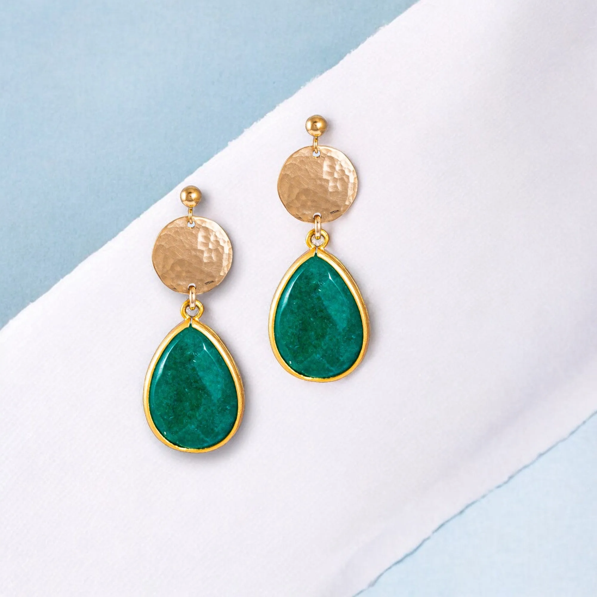 Teardrop Trimmed Emerald Stone Stud Earrings