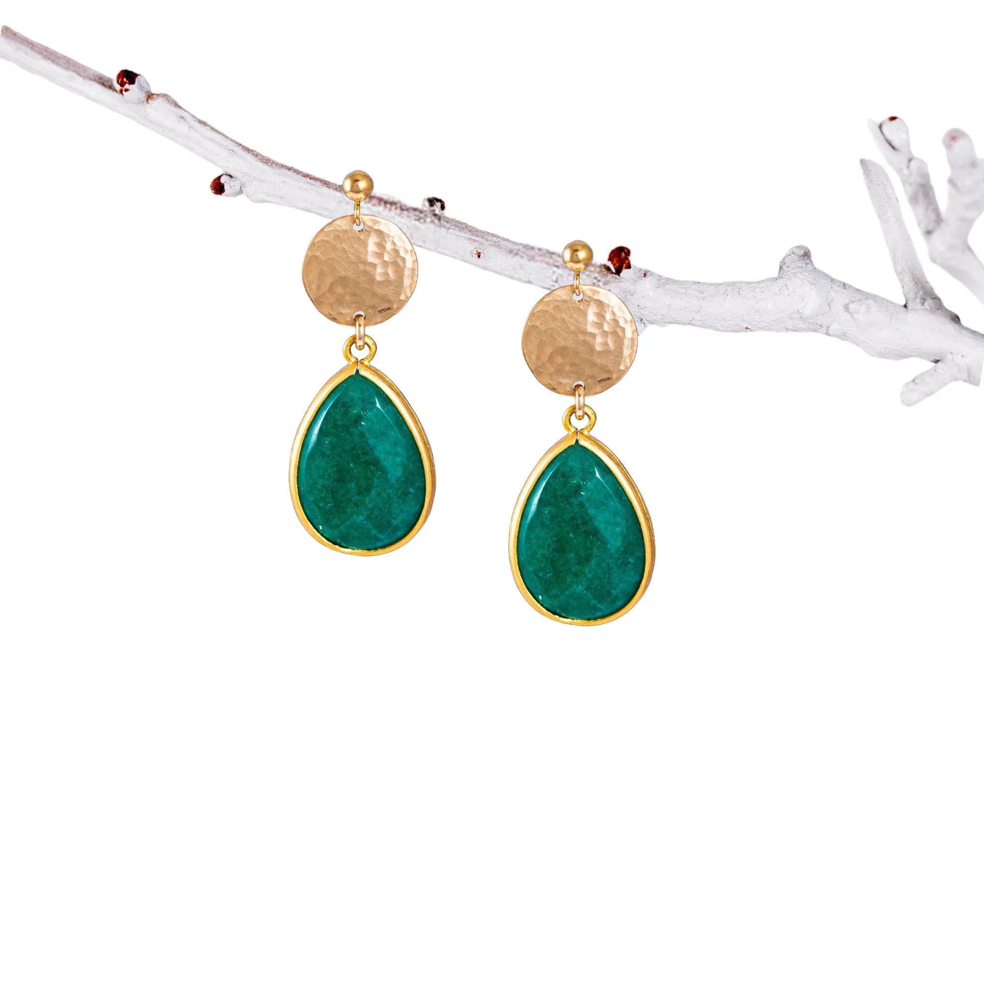 Teardrop Trimmed Emerald Stone Stud Earrings