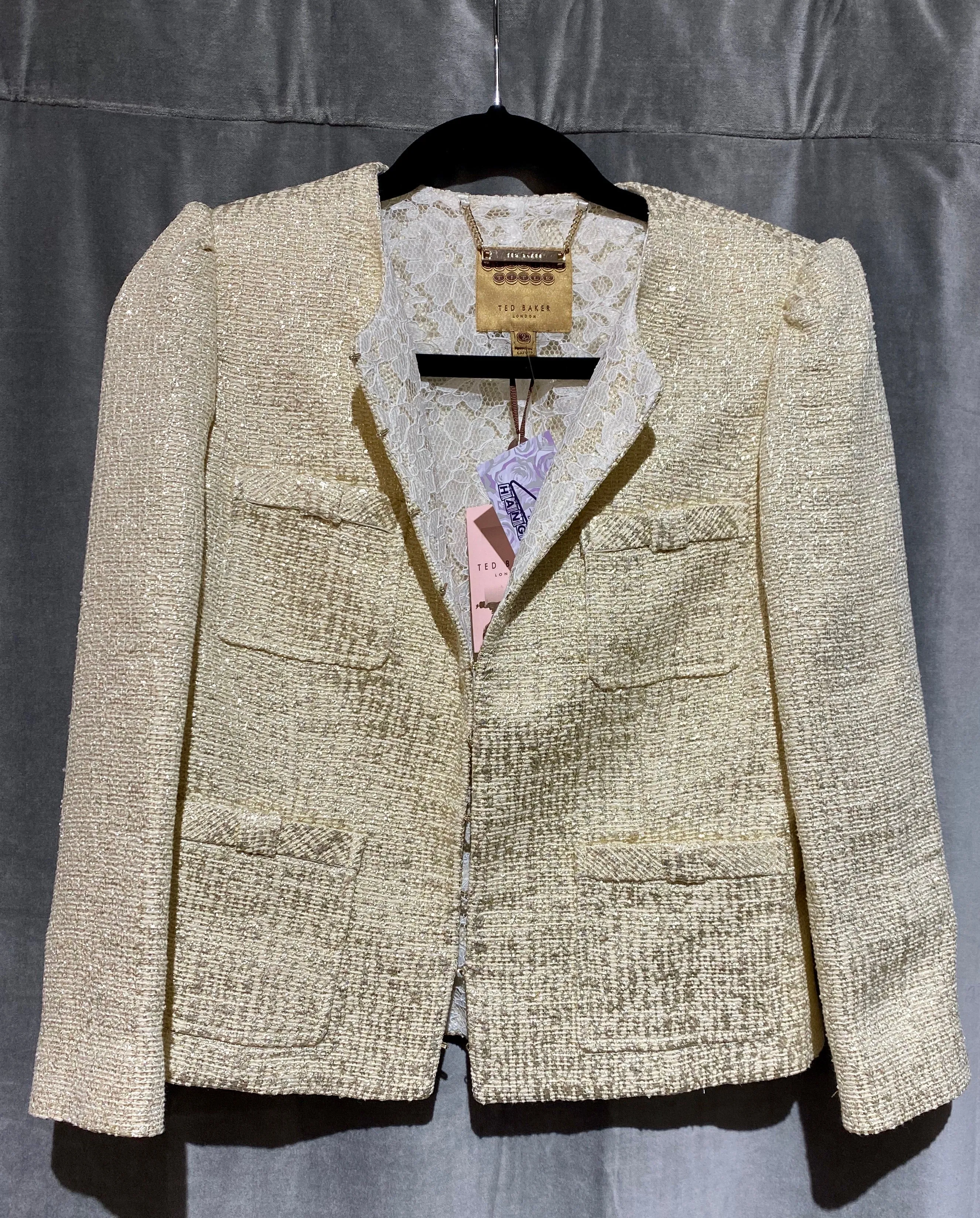 Ted Baker Bow Pocket Suit Cropped Jacket Gold and Beige with Lace Interior