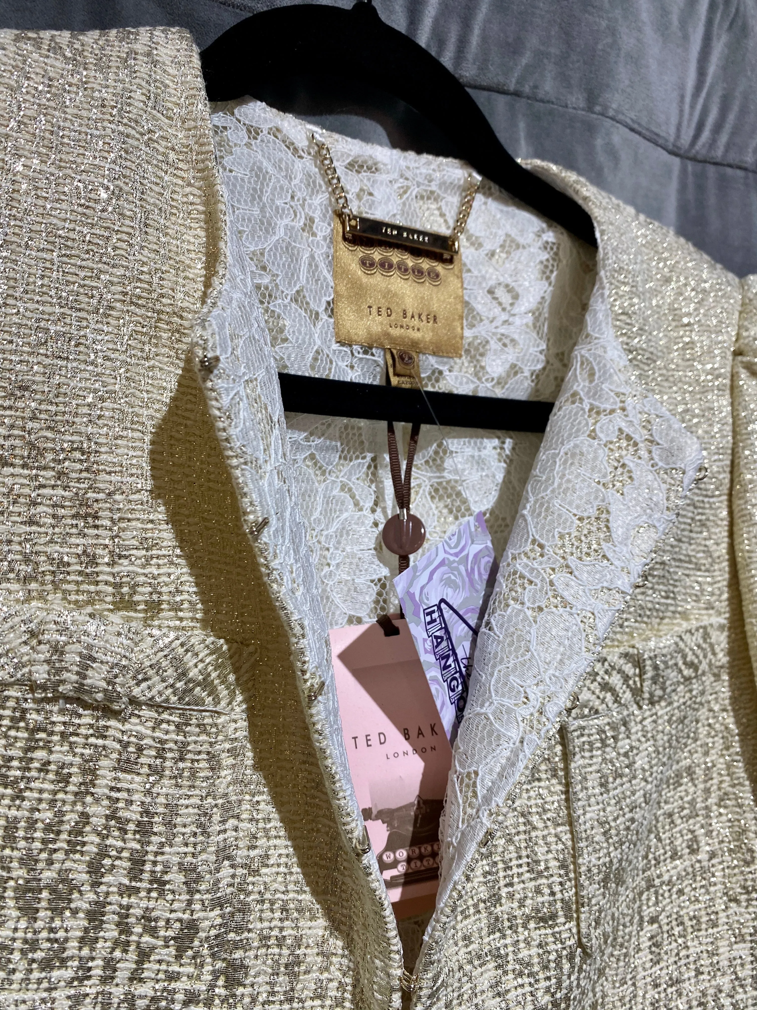 Ted Baker Bow Pocket Suit Cropped Jacket Gold and Beige with Lace Interior