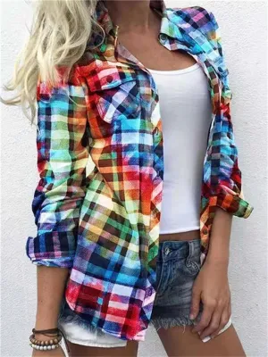 Temperament All-match Female Lapel Plaid Blouse