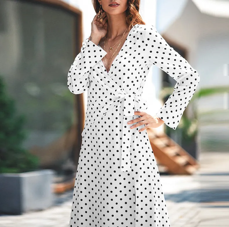 Temperament Polka Dot Long Sleeve V-neck Dress