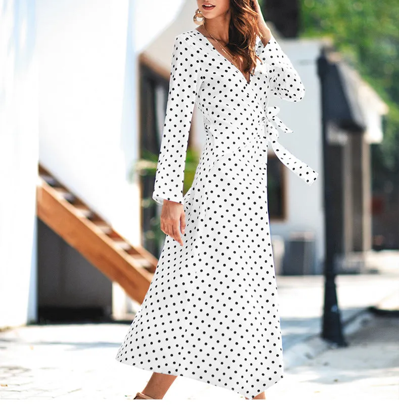 Temperament Polka Dot Long Sleeve V-neck Dress