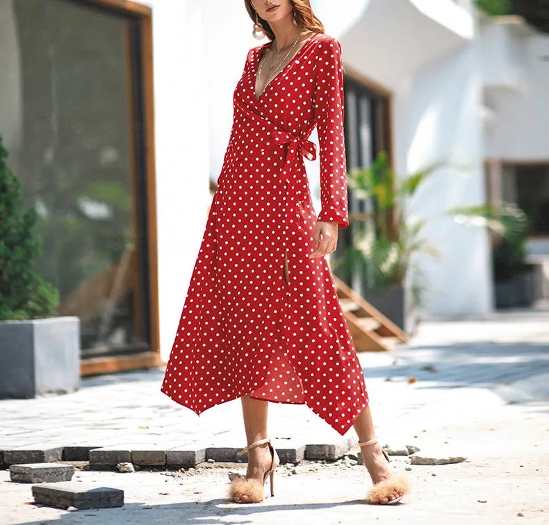 Temperament Polka Dot Long Sleeve V-neck Dress