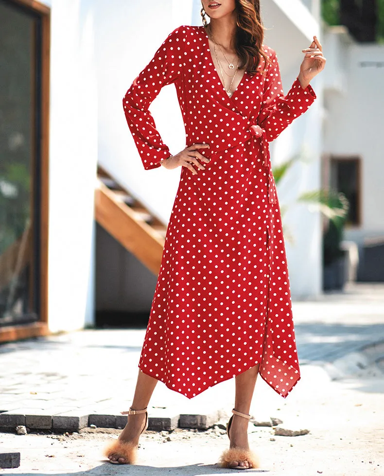 Temperament Polka Dot Long Sleeve V-neck Dress