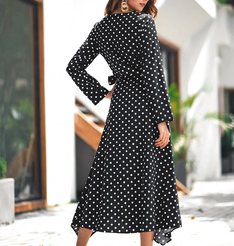 Temperament Polka Dot Long Sleeve V-neck Dress