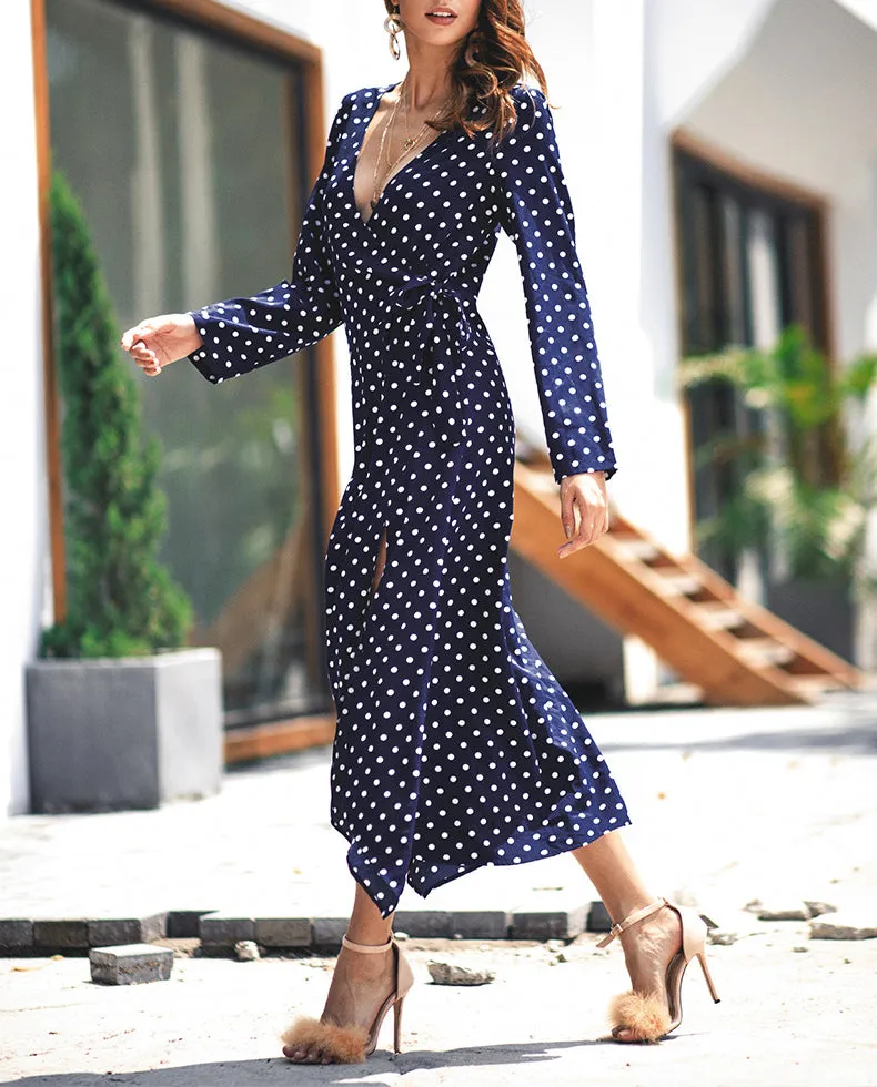 Temperament Polka Dot Long Sleeve V-neck Dress