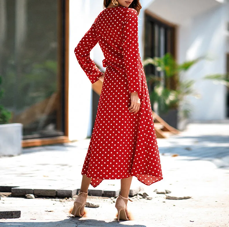 Temperament Polka Dot Long Sleeve V-neck Dress
