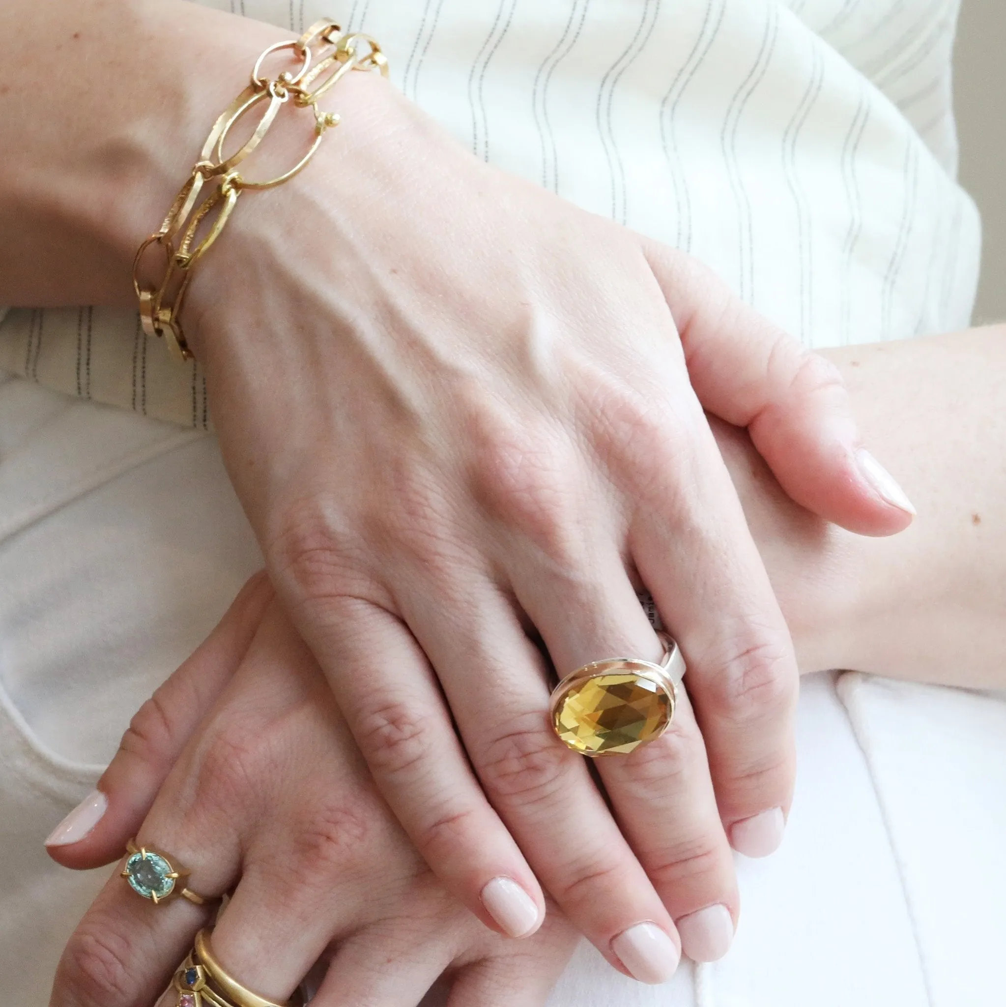 The "Grace" Bracelet with 14 Karat Gold Handmade Hammered Oval Links
