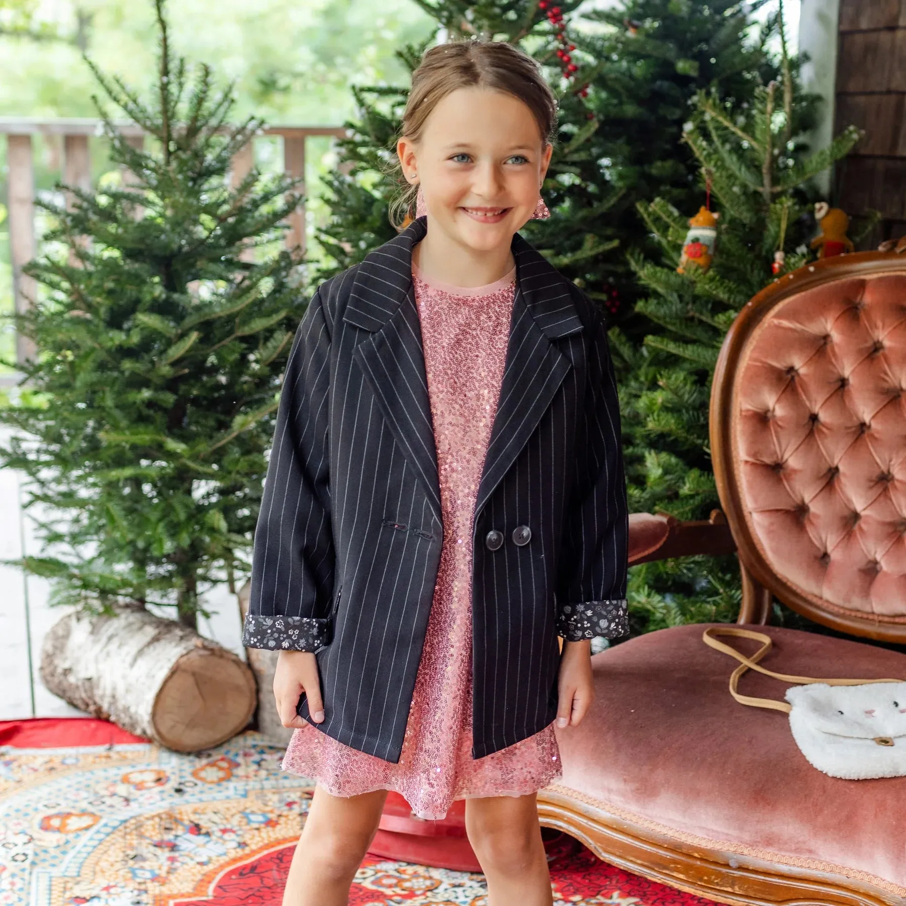 The Rowan Pinstripe Blazer Jacket - Black - KIDS