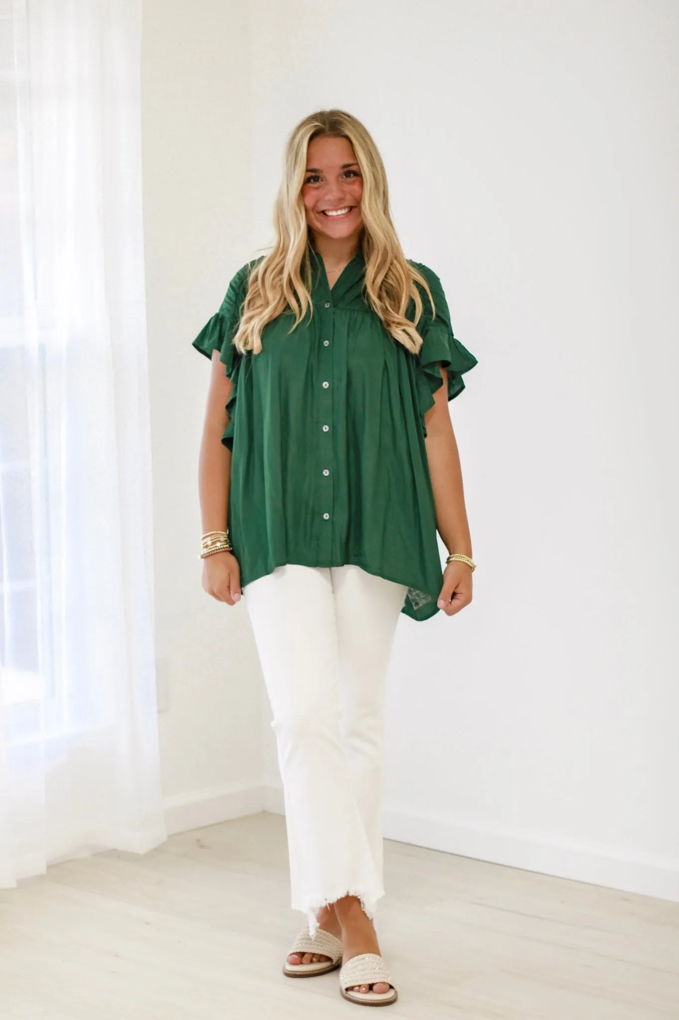 The Time is Now Ruffle Sleeve Blouse in Hunter Green