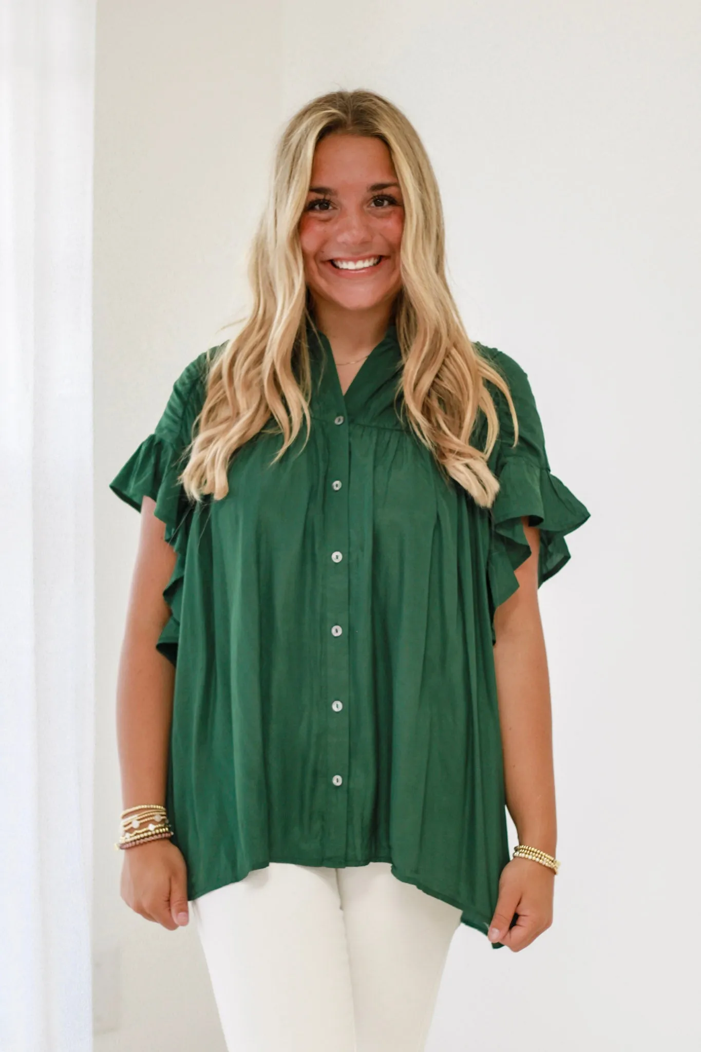 The Time is Now Ruffle Sleeve Blouse in Hunter Green