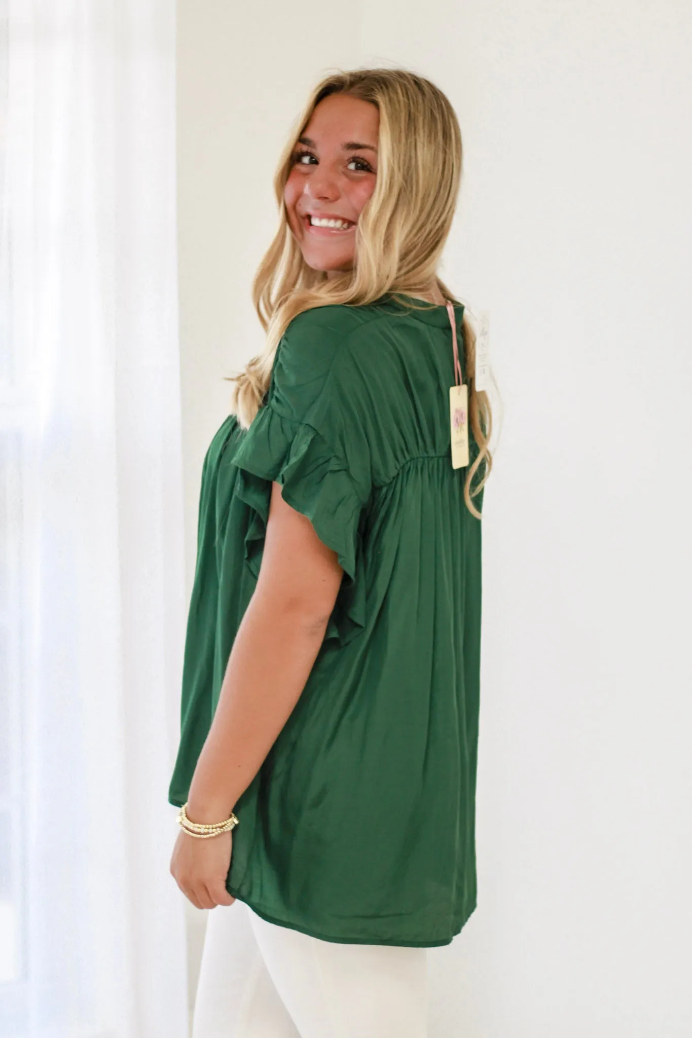 The Time is Now Ruffle Sleeve Blouse in Hunter Green