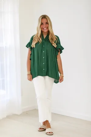 The Time is Now Ruffle Sleeve Blouse in Hunter Green