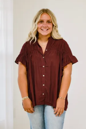 The Time is Now Ruffle Sleeve Blouse in Plum