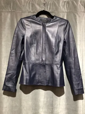 Theory Navy Leather Collarless Flare Zip Blazer