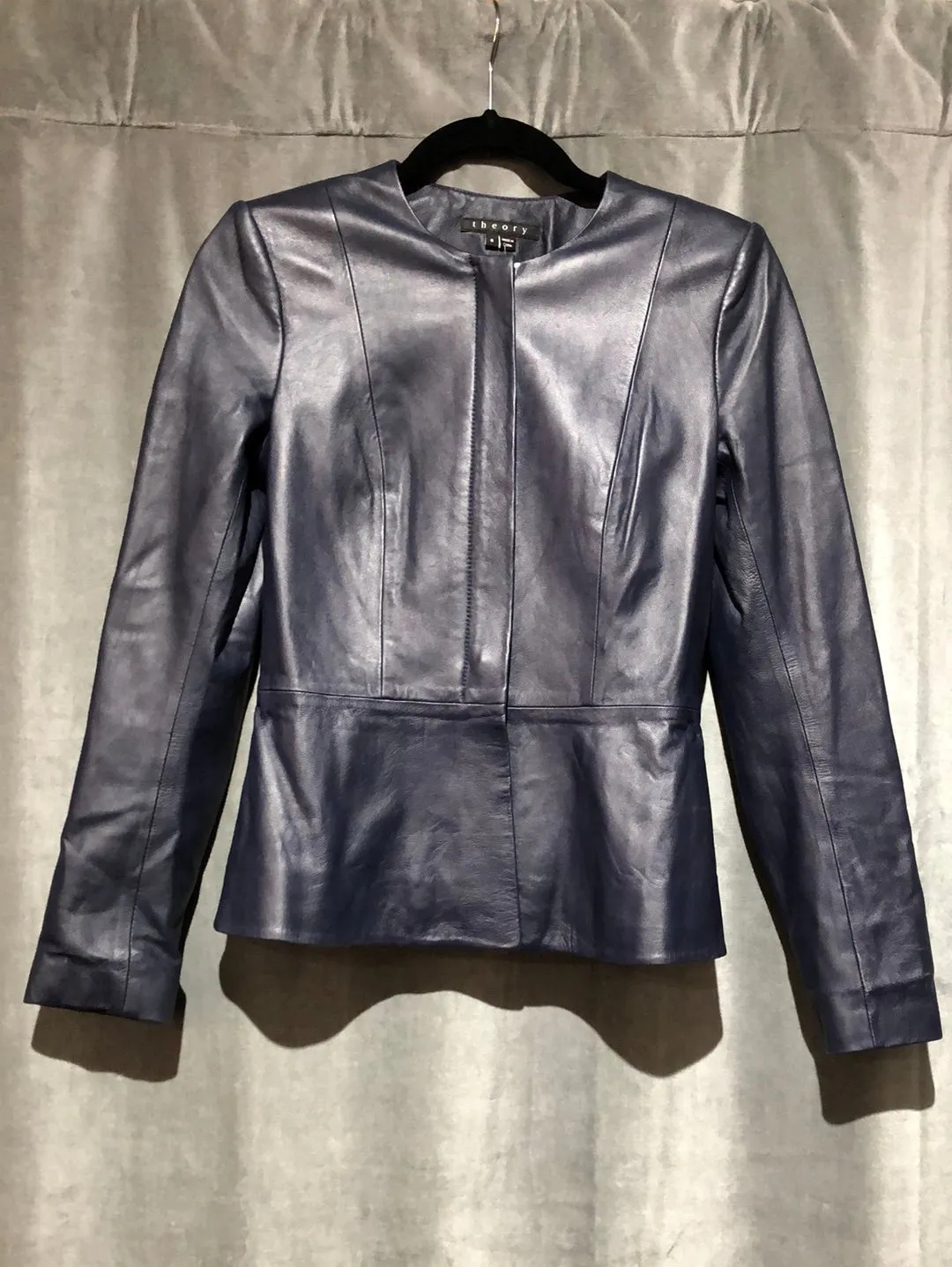 Theory Navy Leather Collarless Flare Zip Blazer