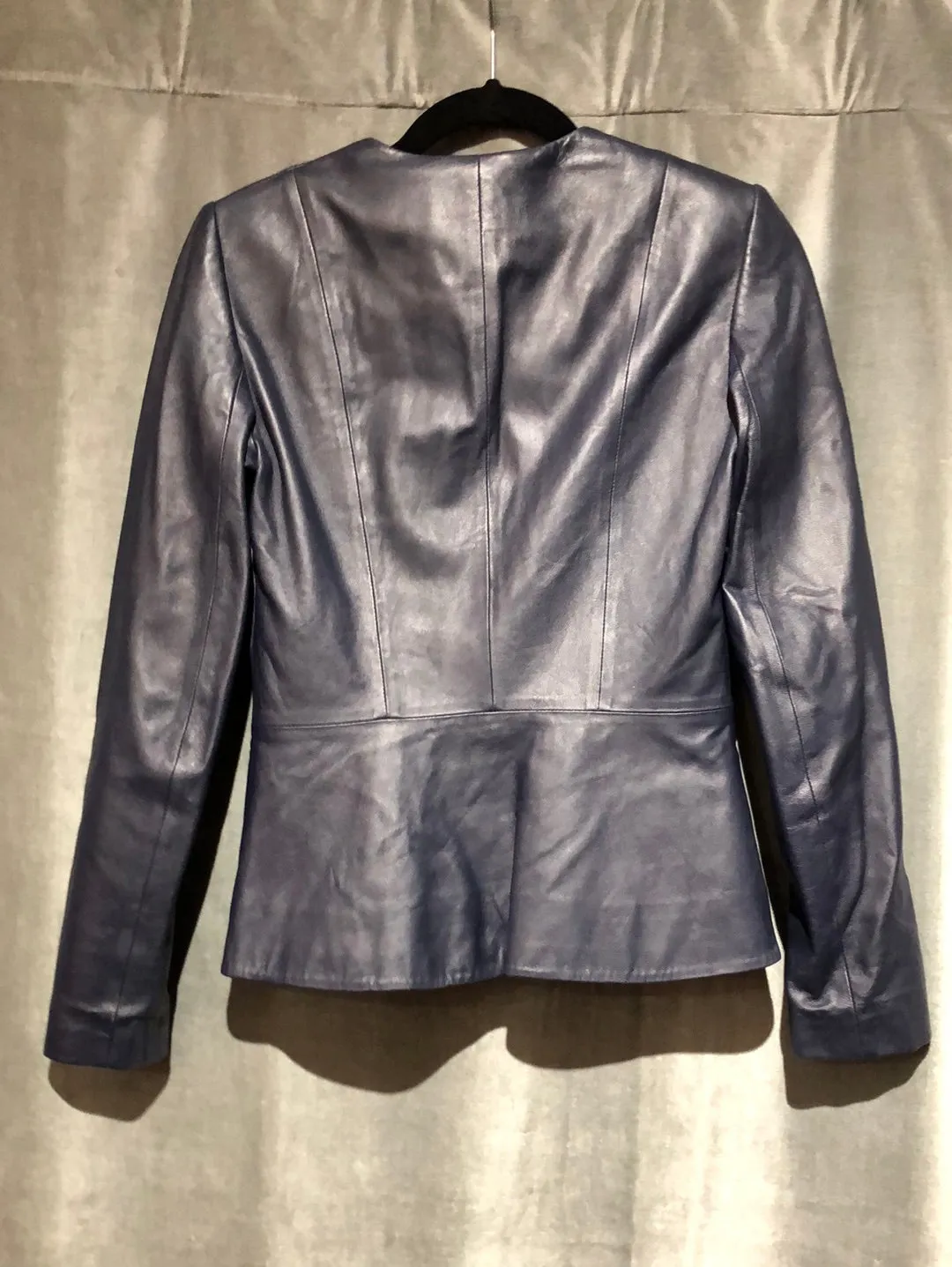 Theory Navy Leather Collarless Flare Zip Blazer