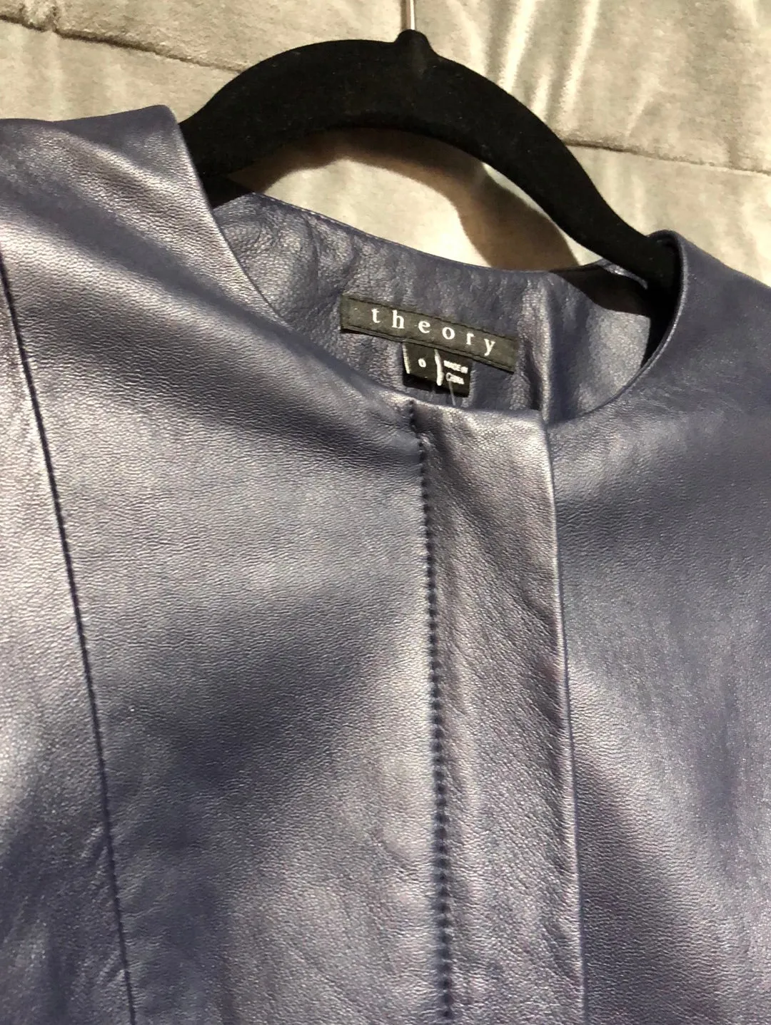 Theory Navy Leather Collarless Flare Zip Blazer