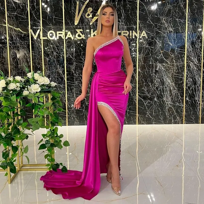 Thin full One Shoulder Tassel High Split Dress