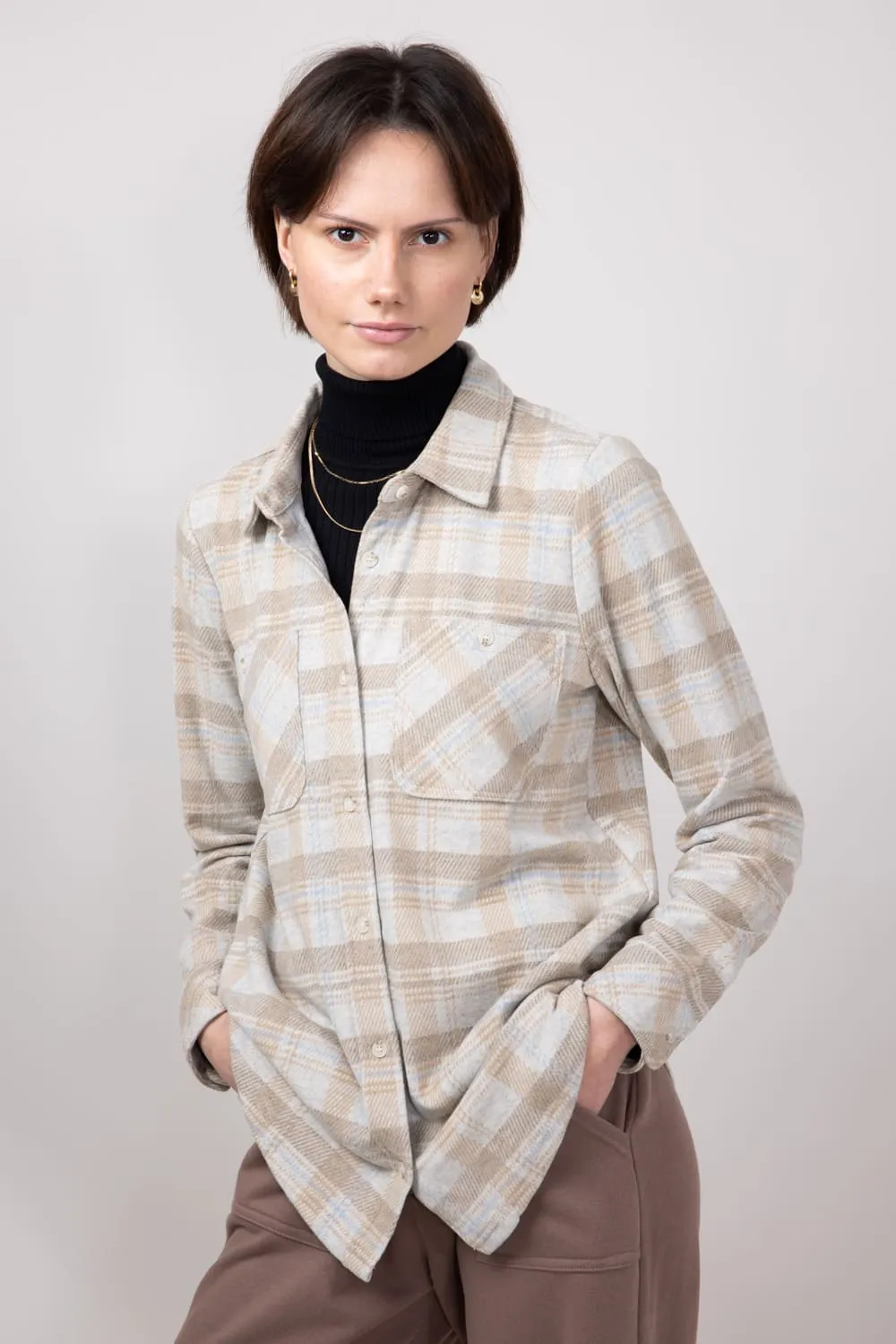 Thread & Supply Lewis Soft Luxe Button Up Shirt for Women in Beige/Blue Plaid | T1084PVXGK-BEIGEBLUEPLAID