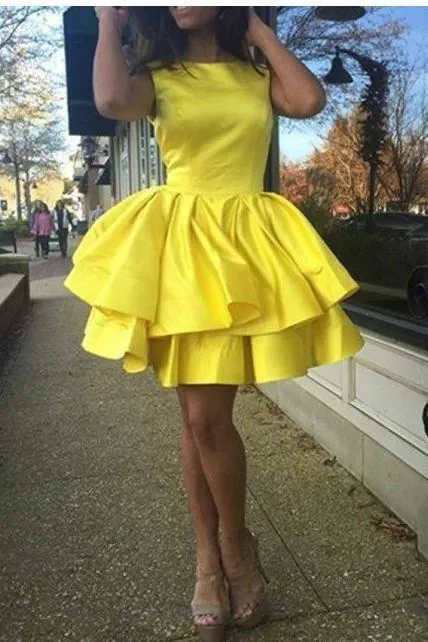 Tiered Skirt Yellow Homecoming Dresses Short Satin Gown