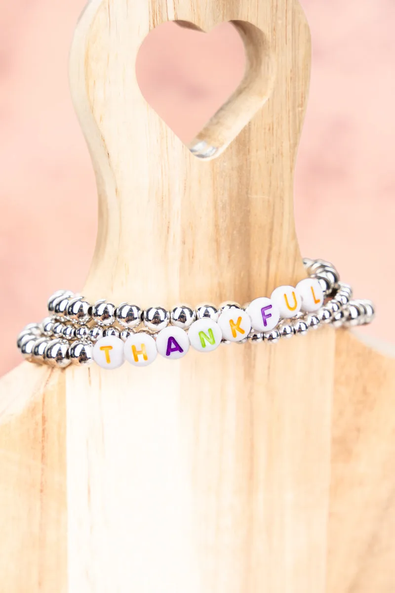 Tiled Letter 'Thankful'  Silvertone Beaded Bracelet Set
