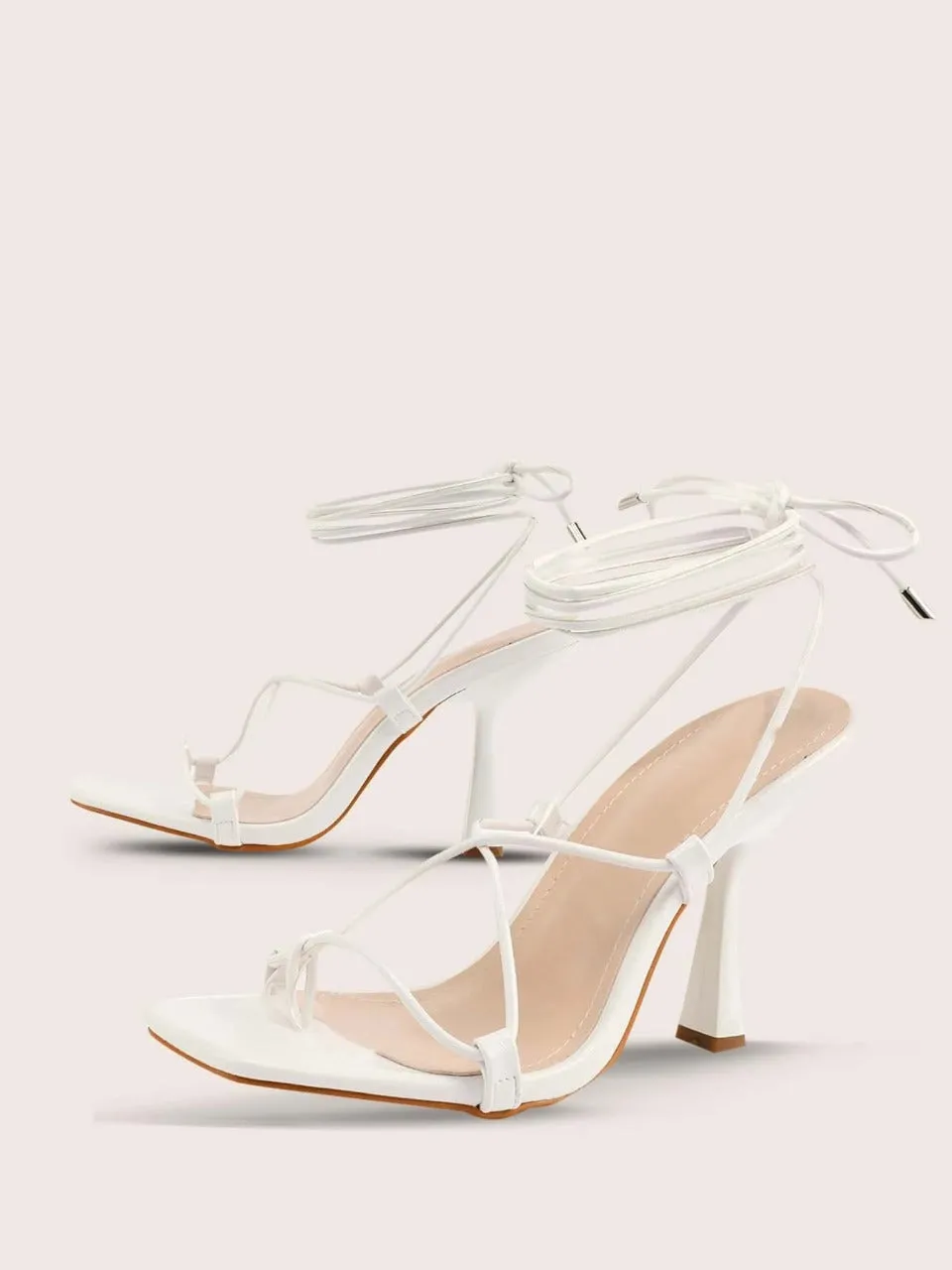 Toe Post Tie Leg Heeled Sandals - White  - FD ⚡