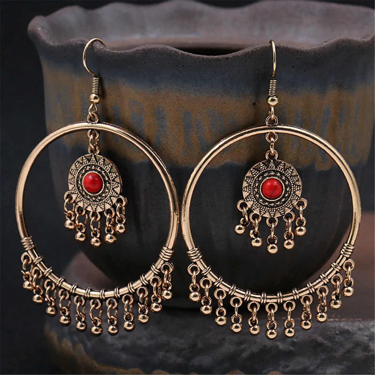 Turquoise & 18K Gold-Plated Big Circle Drop Earrings