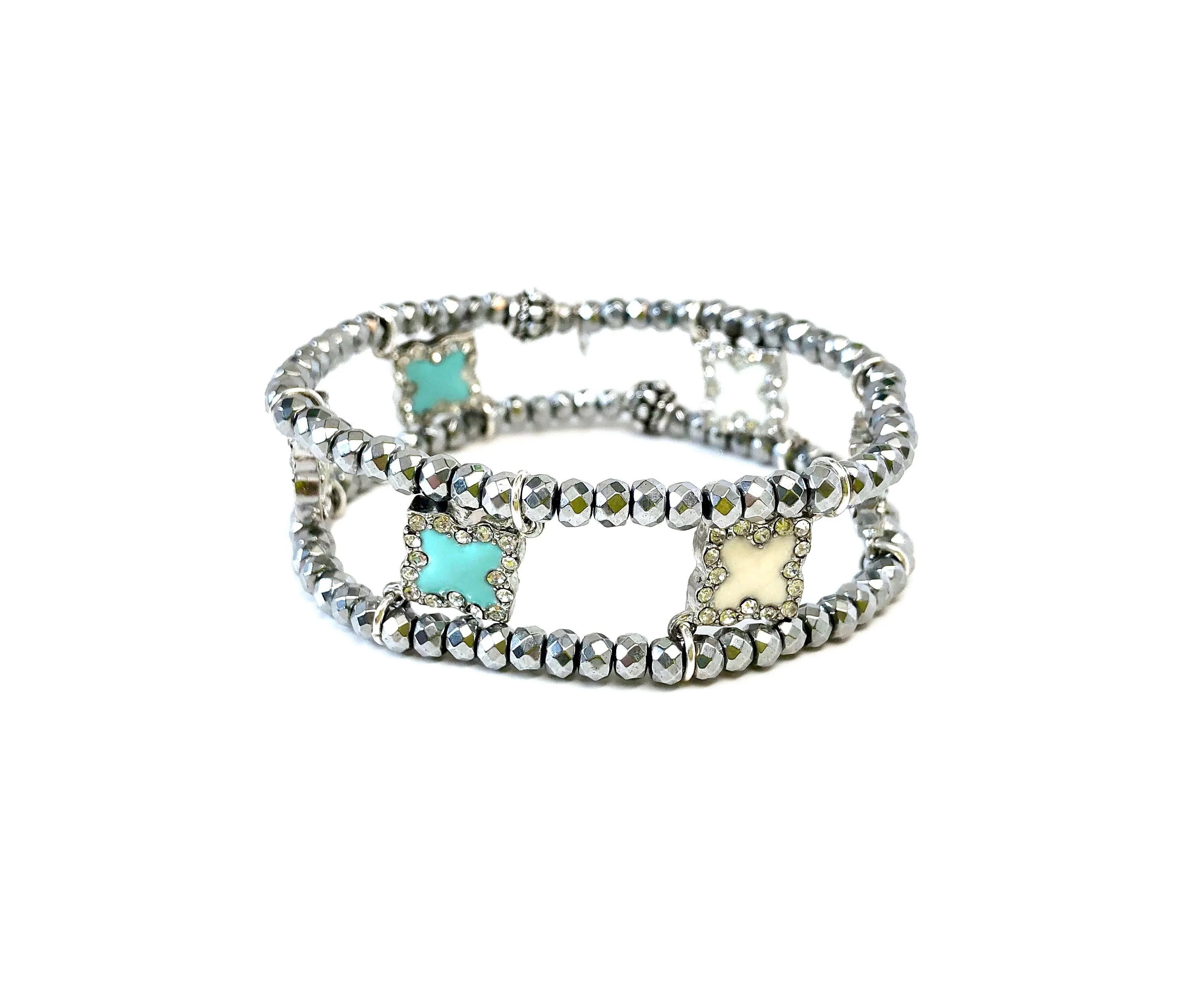 Turquoise & White Fleur de Lis Charm Cuff Bracelet