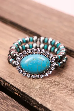 Turquoise Berkeley Silvertone Beaded Bracelet Set