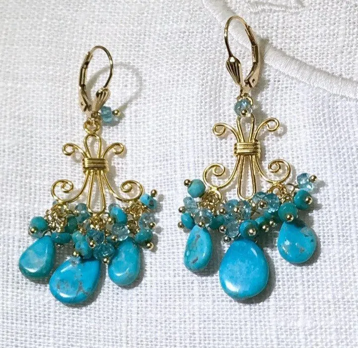 Turquoise Gemstone Chandelier Gold Earrings