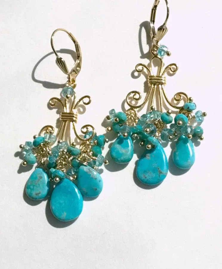 Turquoise Gemstone Chandelier Gold Earrings
