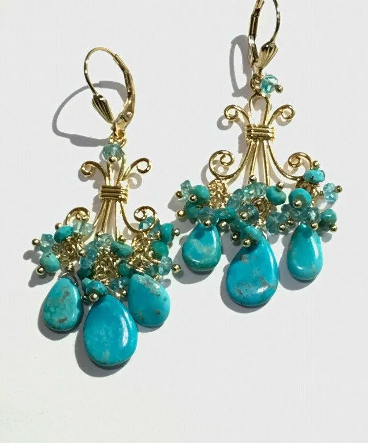 Turquoise Gemstone Chandelier Gold Earrings