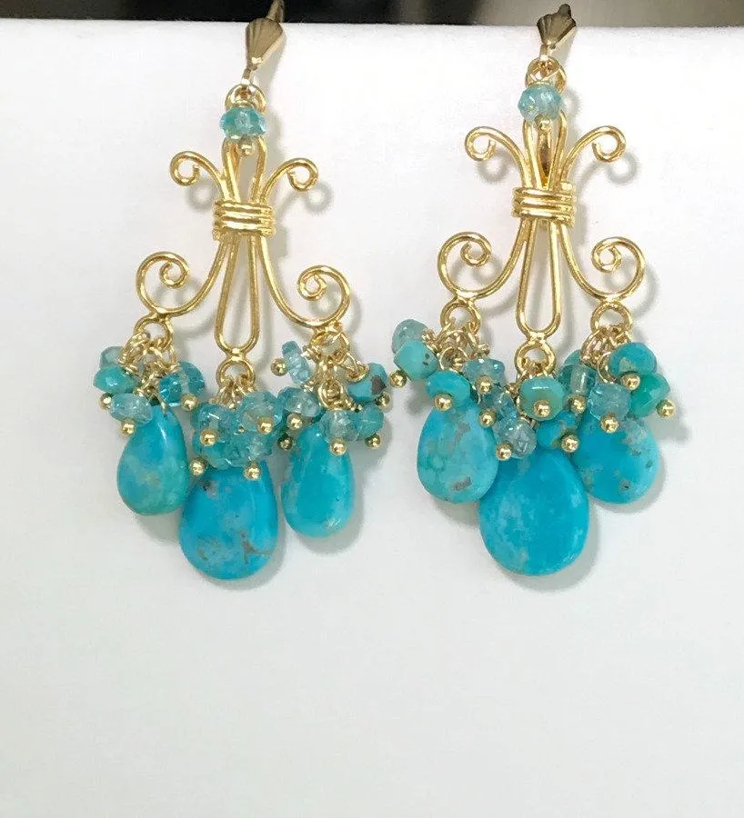 Turquoise Gemstone Chandelier Gold Earrings