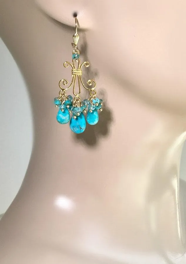 Turquoise Gemstone Chandelier Gold Earrings