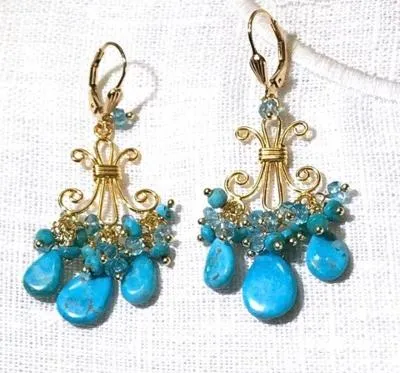 Turquoise Gemstone Chandelier Gold Earrings