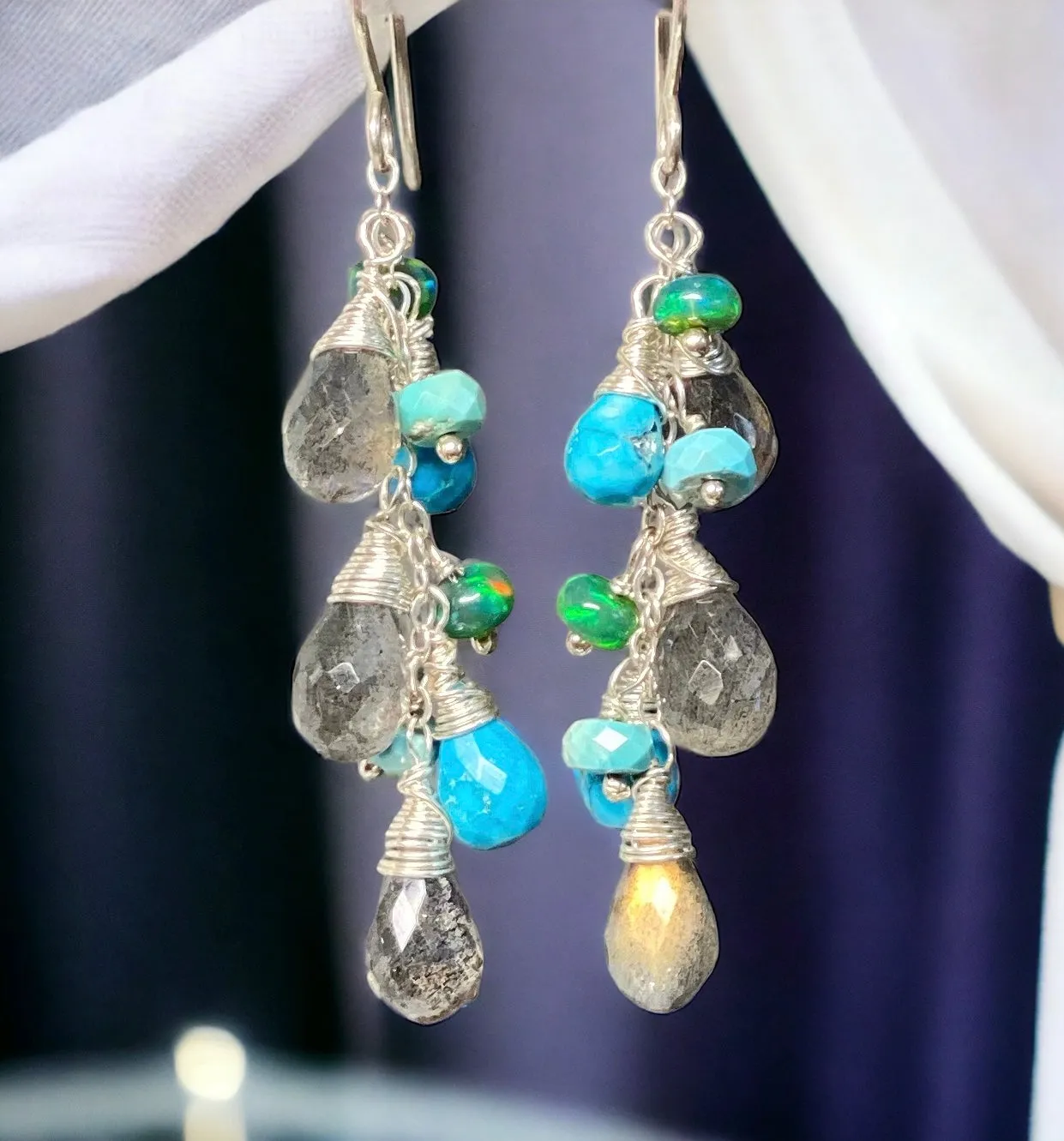 Turquoise, Labradorite and Sterling Silver Dangle Earrings
